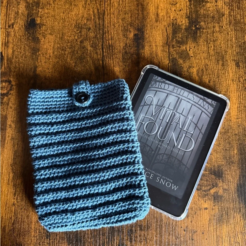 Handmade Crochet E-Reader Book Sleeve in navy blue cotton with Button Closure